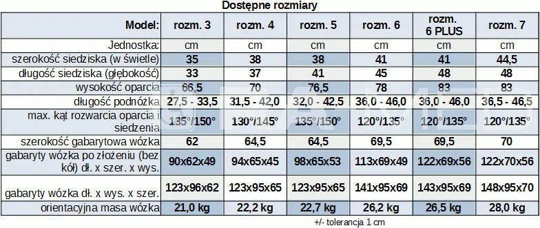 Wózek inwalidzki dla dzieci Comfort - rozmiary